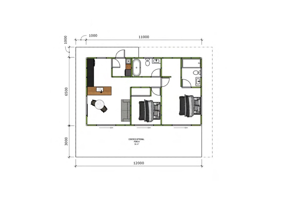Beechmont floor plan — 2 bed · 2 bath · 12,000 × 6,500mm · Elevated · Wraparound verandah