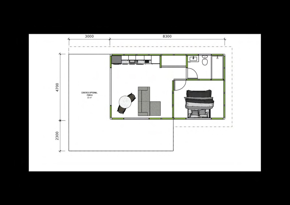 Newstead floor plan — 1 bed · 1 bath · 8,300 × 4,700mm · Covered optional porch 33m²
